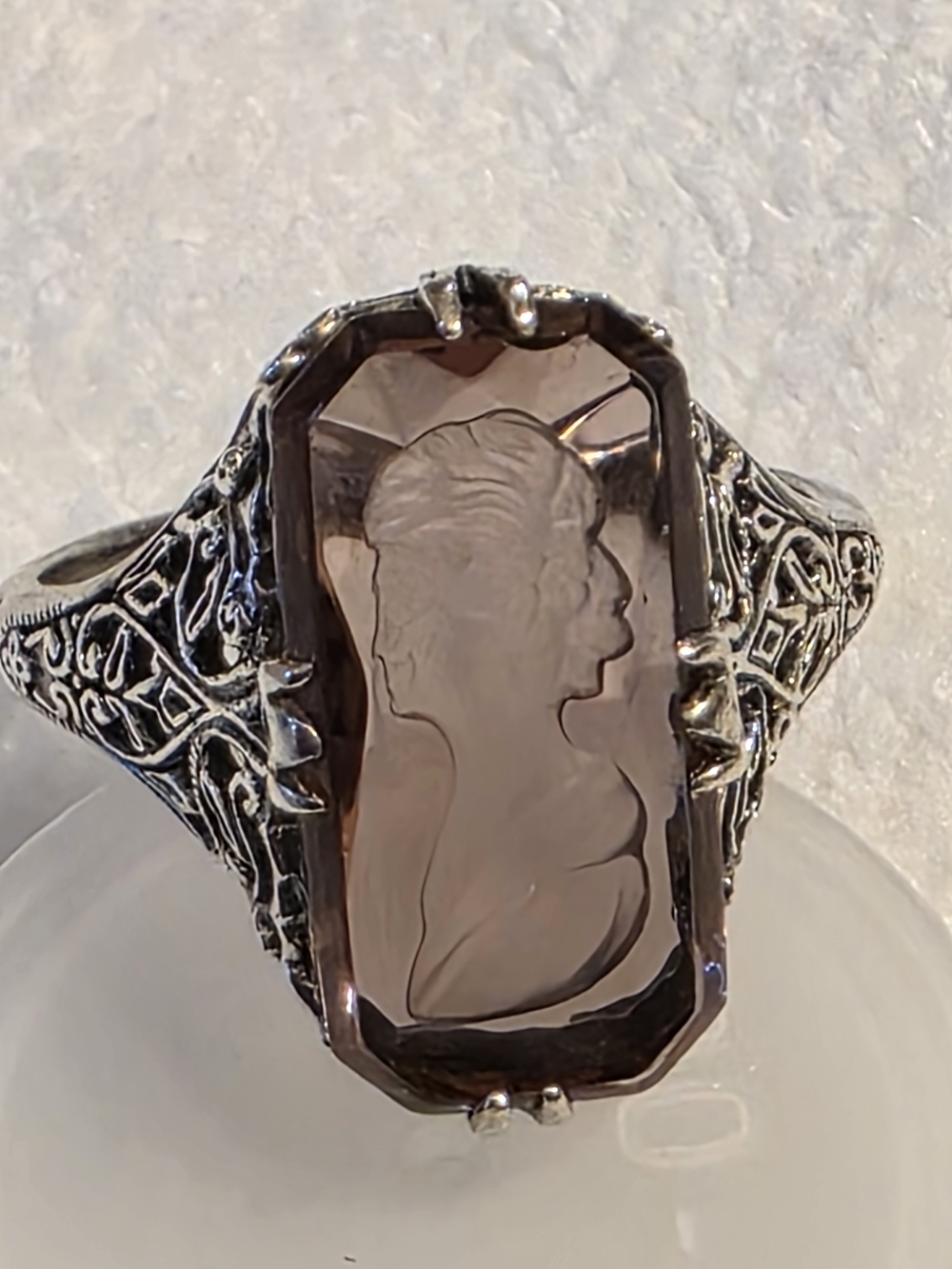 Silver Filigree Cameo Ring with Smoky Pink Stone Vintage!!